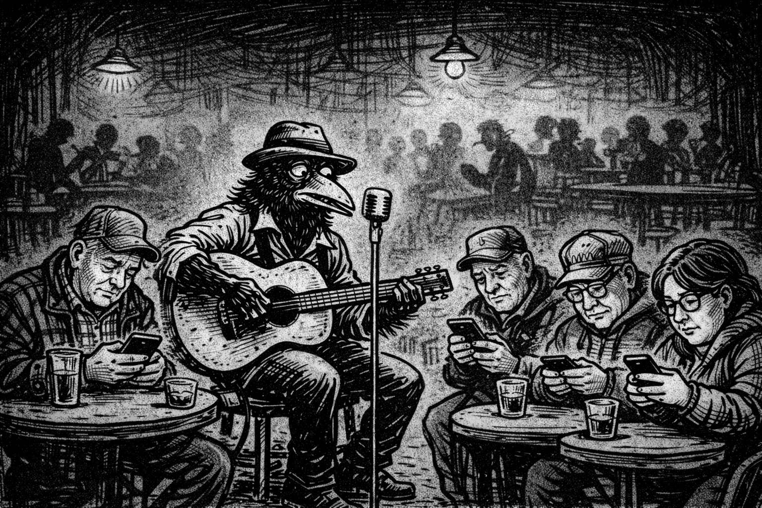 Crow joe in the age of ai comic - crow joe the blues playing crow is performing in the neo newton, ia juke joint to a crowd of stereotypical older midwesterners.  they are all absorbed in their phone.  even older generations have phone addictions now. there is a real digital distraction vs analog presence problem in the world today